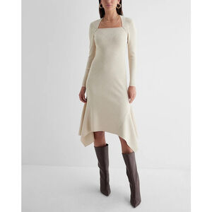 Express Beige Knit Midi Dress Size S Flare Bottom Square Neck New w Tags